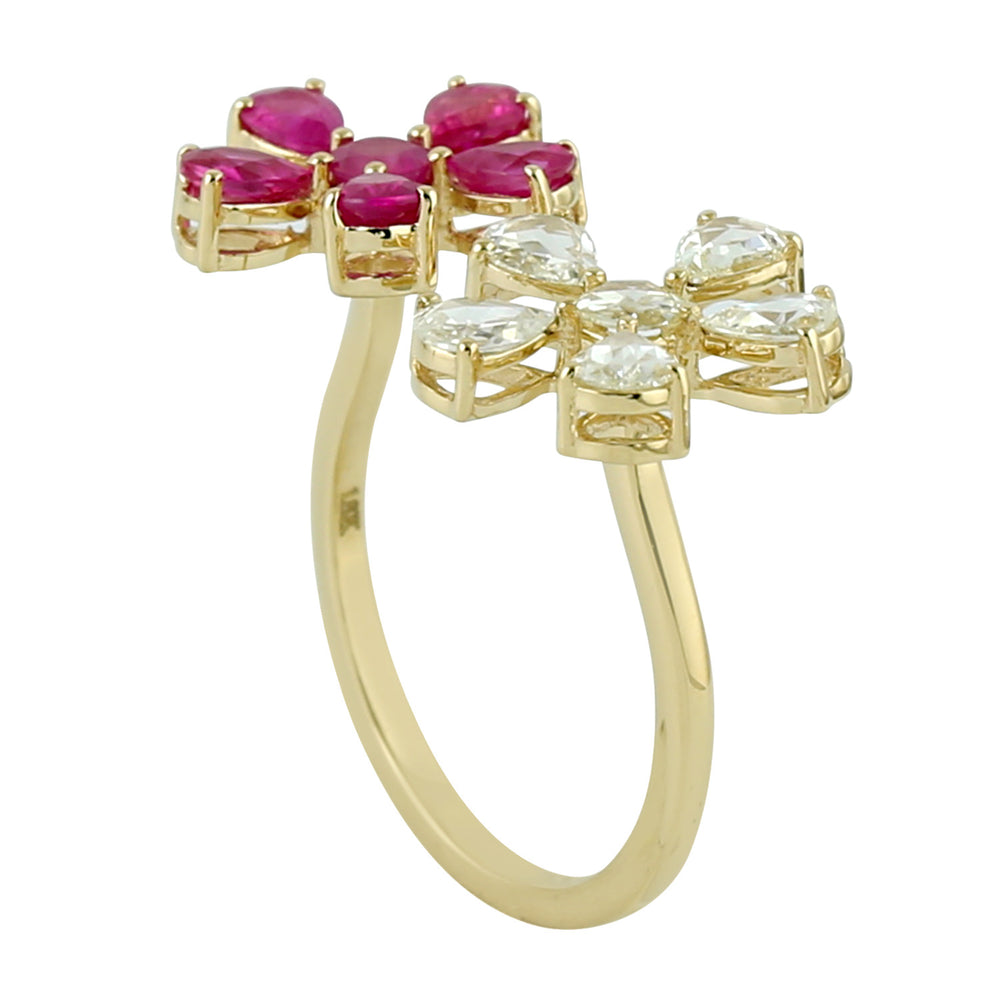 Pear Cut Ruby Rose Cut Diamond Daisy Open Bypass Ring In 18k Yellow Gold