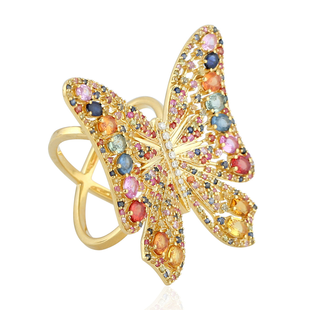Multicolor Sapphire Gemstone Pave Diamond Butterfly Ring In 18K Yellow Gold