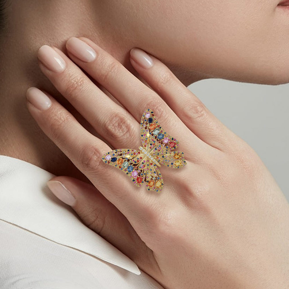 Multicolor Sapphire Gemstone Pave Diamond Butterfly Ring In 18K Yellow Gold