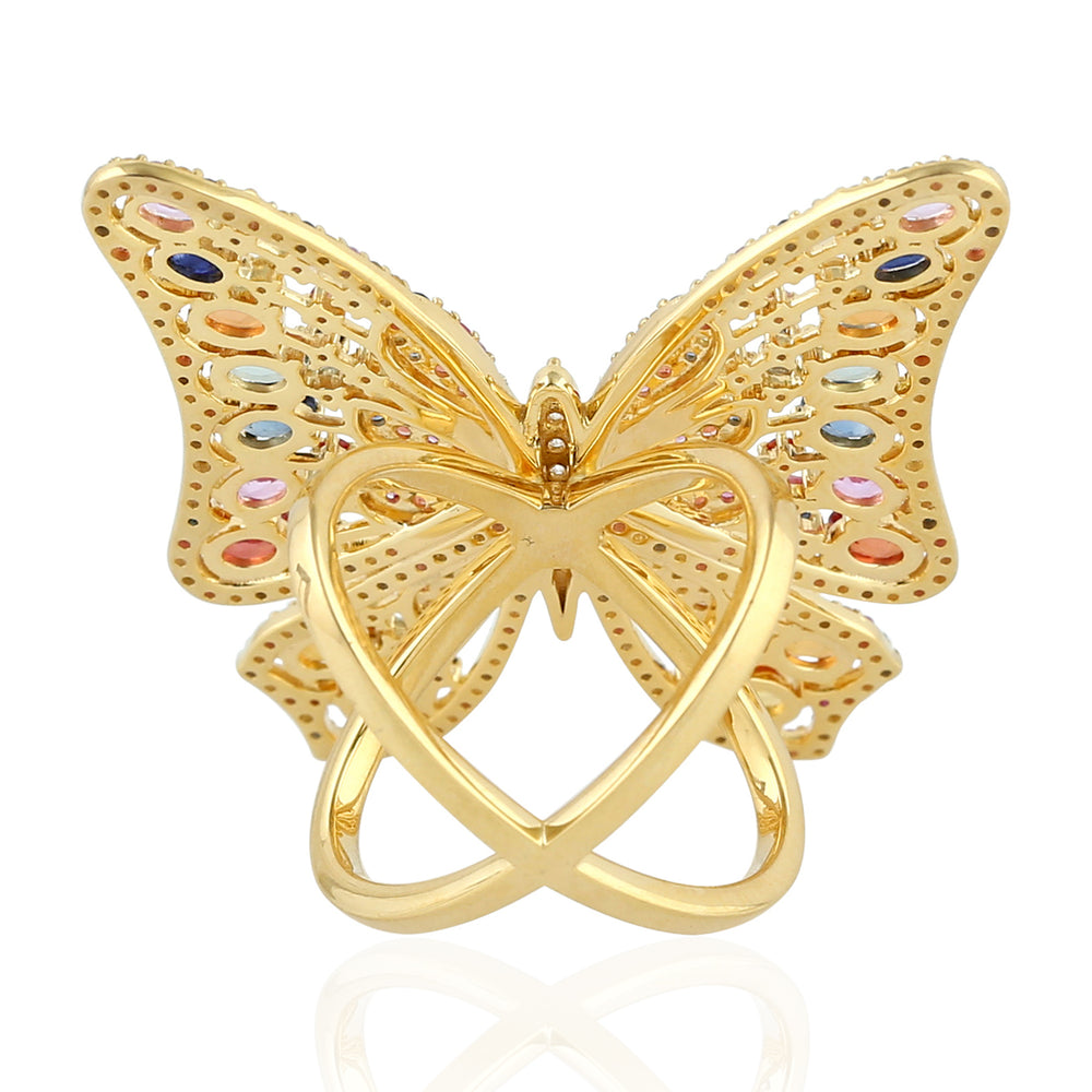 Multicolor Sapphire Gemstone Pave Diamond Butterfly Ring In 18K Yellow Gold