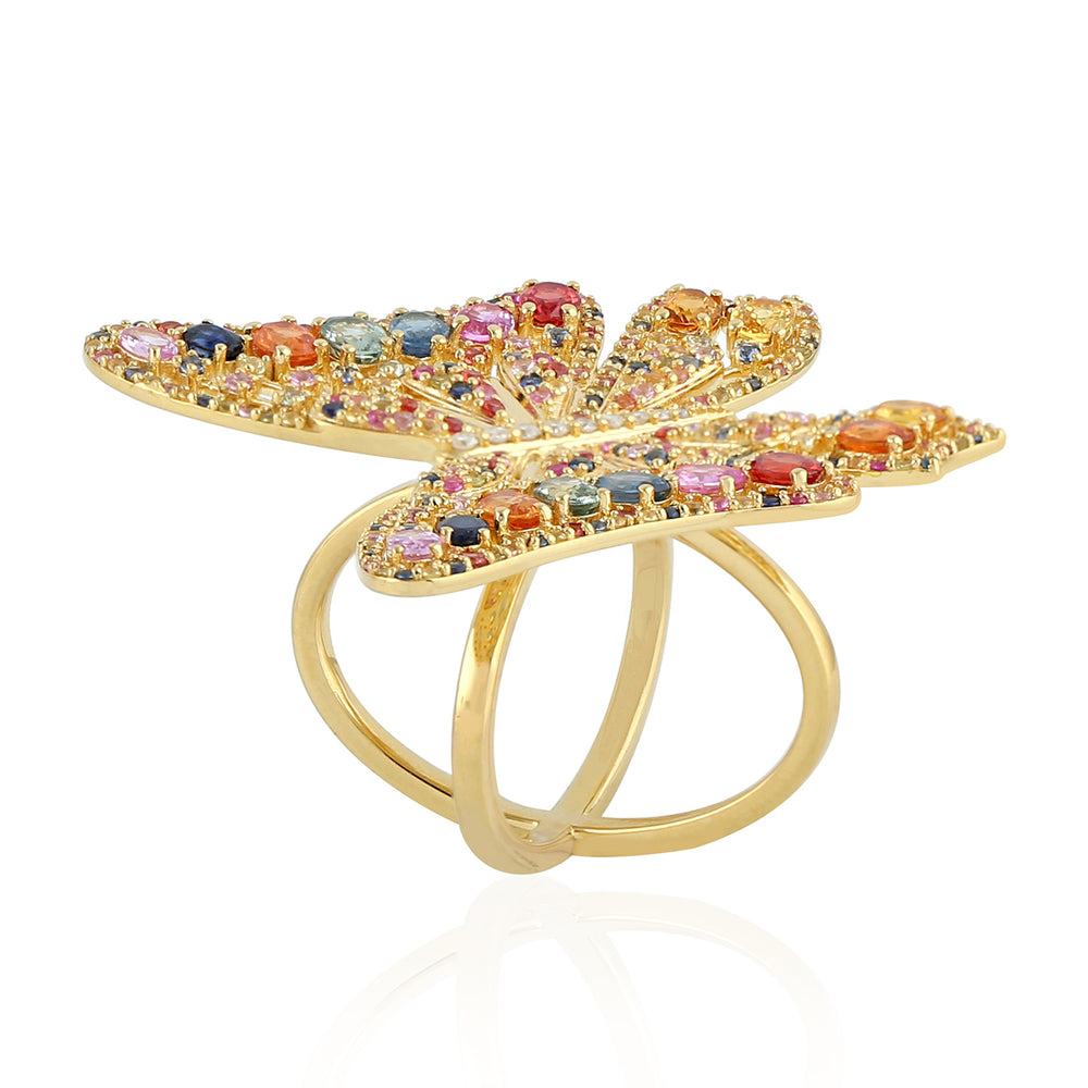 Multicolor Sapphire Gemstone Pave Diamond Butterfly Ring In 18K Yellow Gold