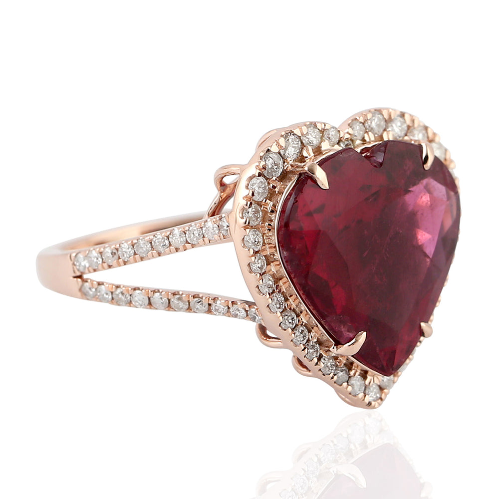 Natural Rubylite Pave Diamond In 18k Rose Gold Halo Heart Ring Love Jewelry