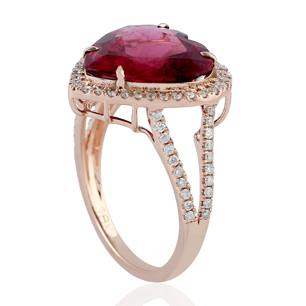 Natural Rubylite Pave Diamond In 18k Rose Gold Halo Heart Ring Love Jewelry