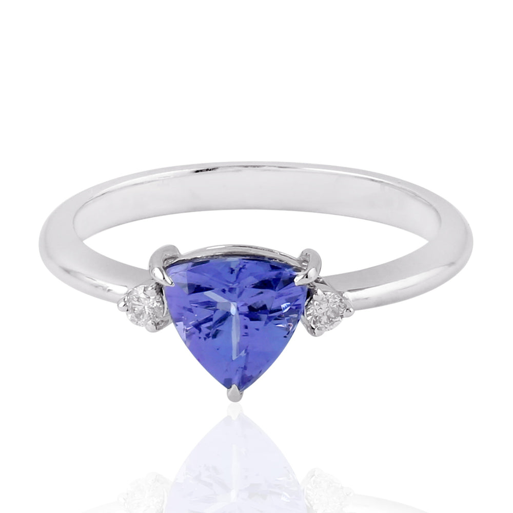 Trillion Cut Tanzanite Pave Diamond Three Stone Ring In 18k White Gold