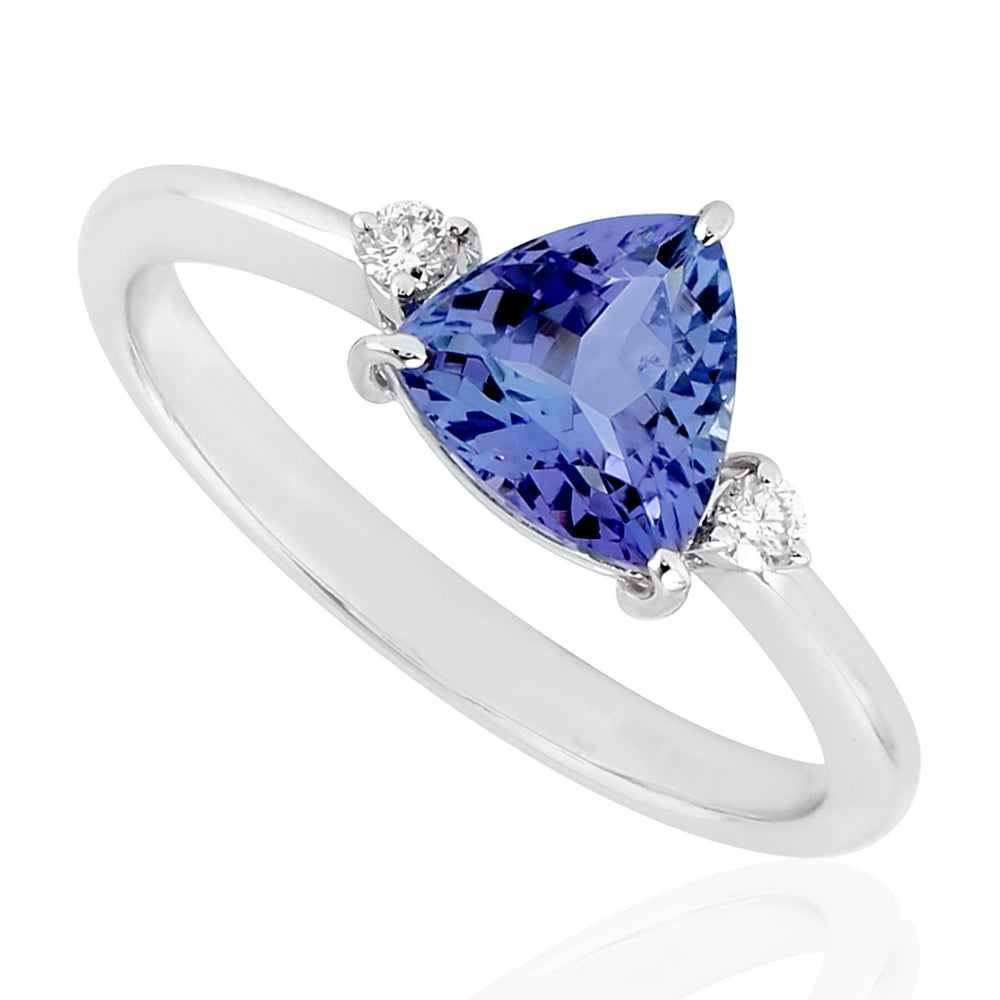 14k White Gold Trillion Tanzanite Prong Diamond Handmade Ring For Her