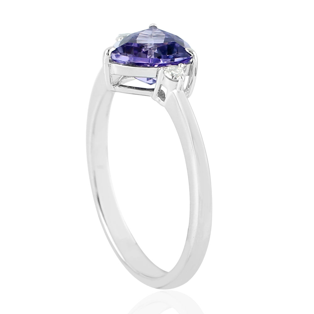 14k White Gold Trillion Tanzanite Prong Diamond Handmade Ring For Her