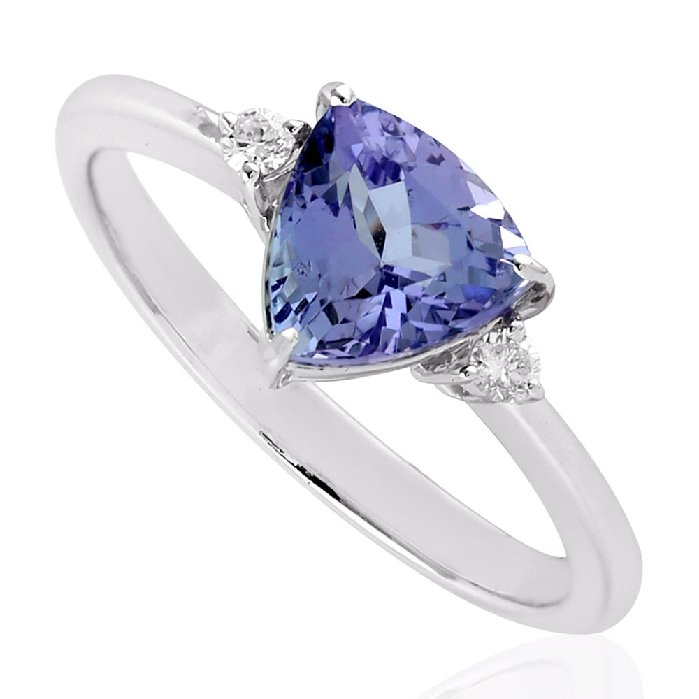 14k White Gold Trillion Tanzanite Prong Diamond Handmade Ring For Her