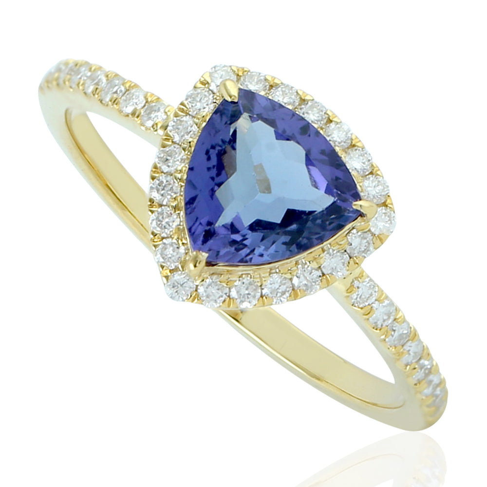 14k Yellow Gold Trillion Tanzanite Gemstone Pave Diamond Halo Ring