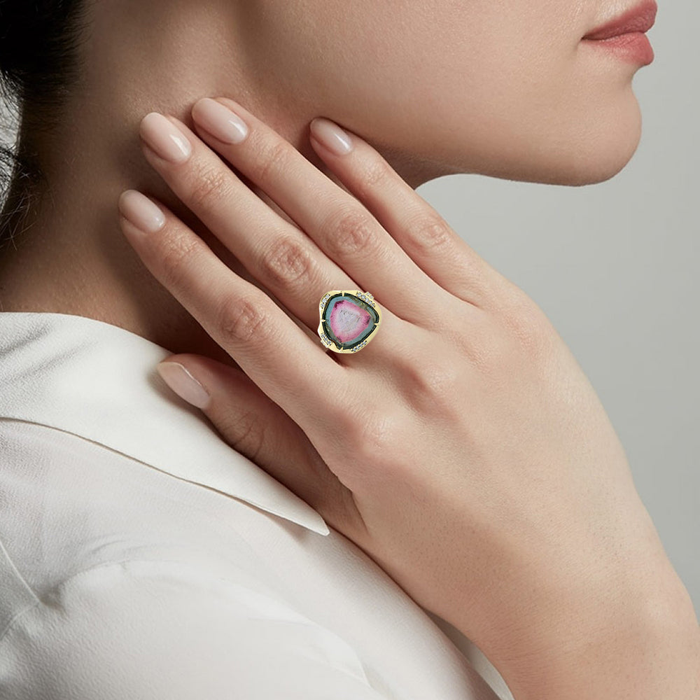 Tourmaline Melon Pave Diamond In 18k Yellow Gold Cocktail Ring For Women