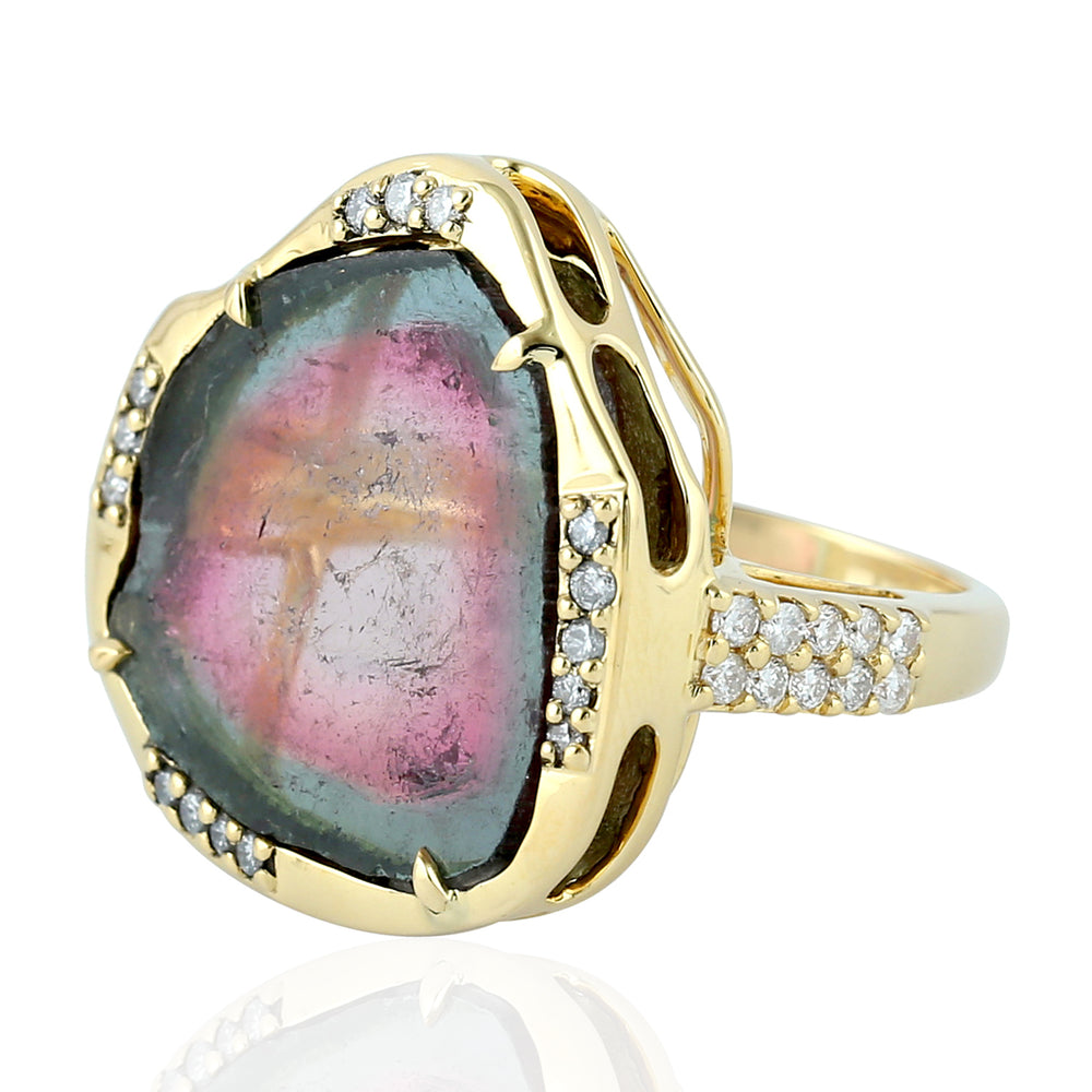 Tourmaline Melon Pave Diamond In 18k Yellow Gold Cocktail Ring For Women