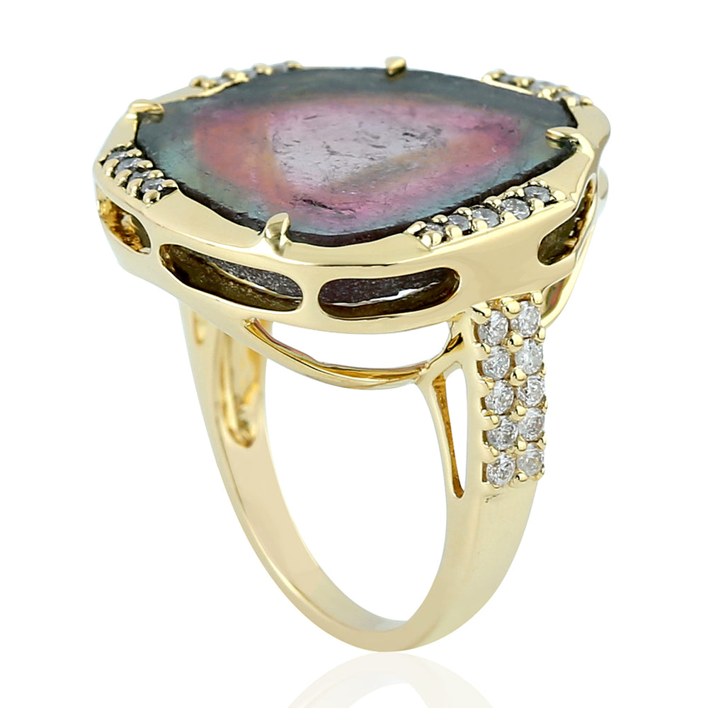 Tourmaline Melon Pave Diamond In 18k Yellow Gold Cocktail Ring For Women