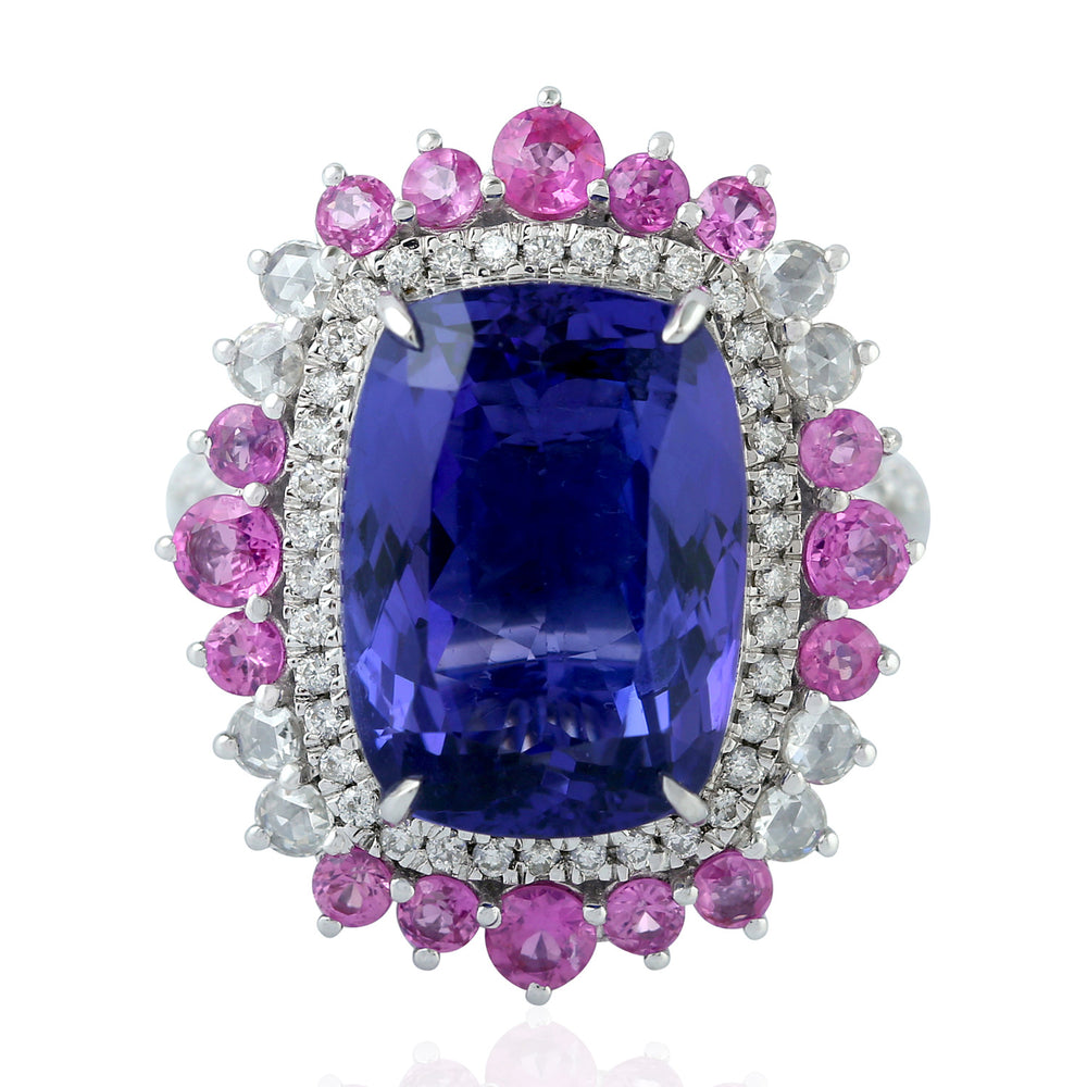 Tanzanite Pink Sapphire Gemstone Pave Diamond Cocktail Ring In 18k White Gold