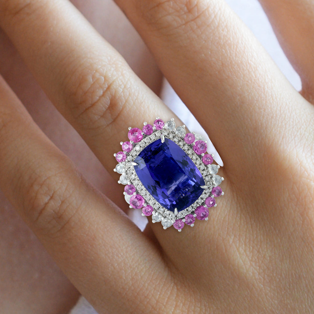 Tanzanite Pink Sapphire Gemstone Pave Diamond Cocktail Ring In 18k White Gold