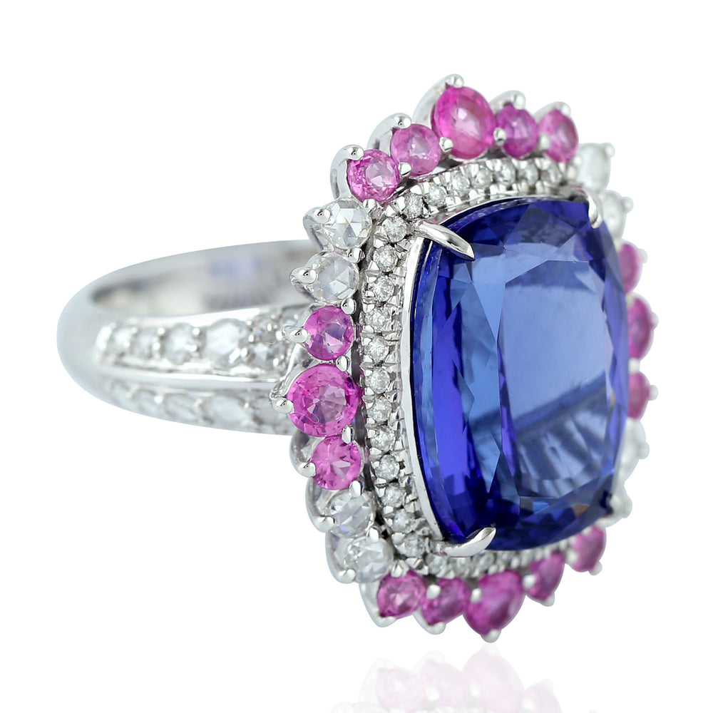 Tanzanite Pink Sapphire Gemstone Pave Diamond Cocktail Ring In 18k White Gold