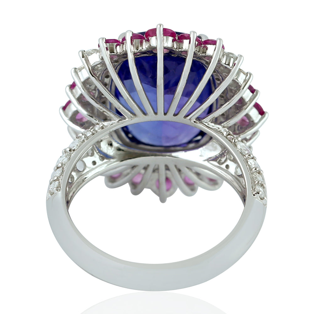 Tanzanite Pink Sapphire Gemstone Pave Diamond Cocktail Ring In 18k White Gold