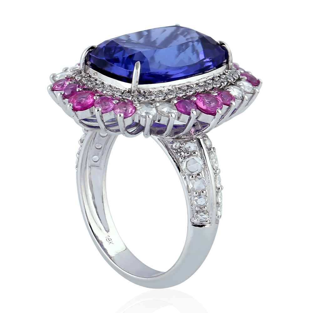 Tanzanite Pink Sapphire Gemstone Pave Diamond Cocktail Ring In 18k White Gold