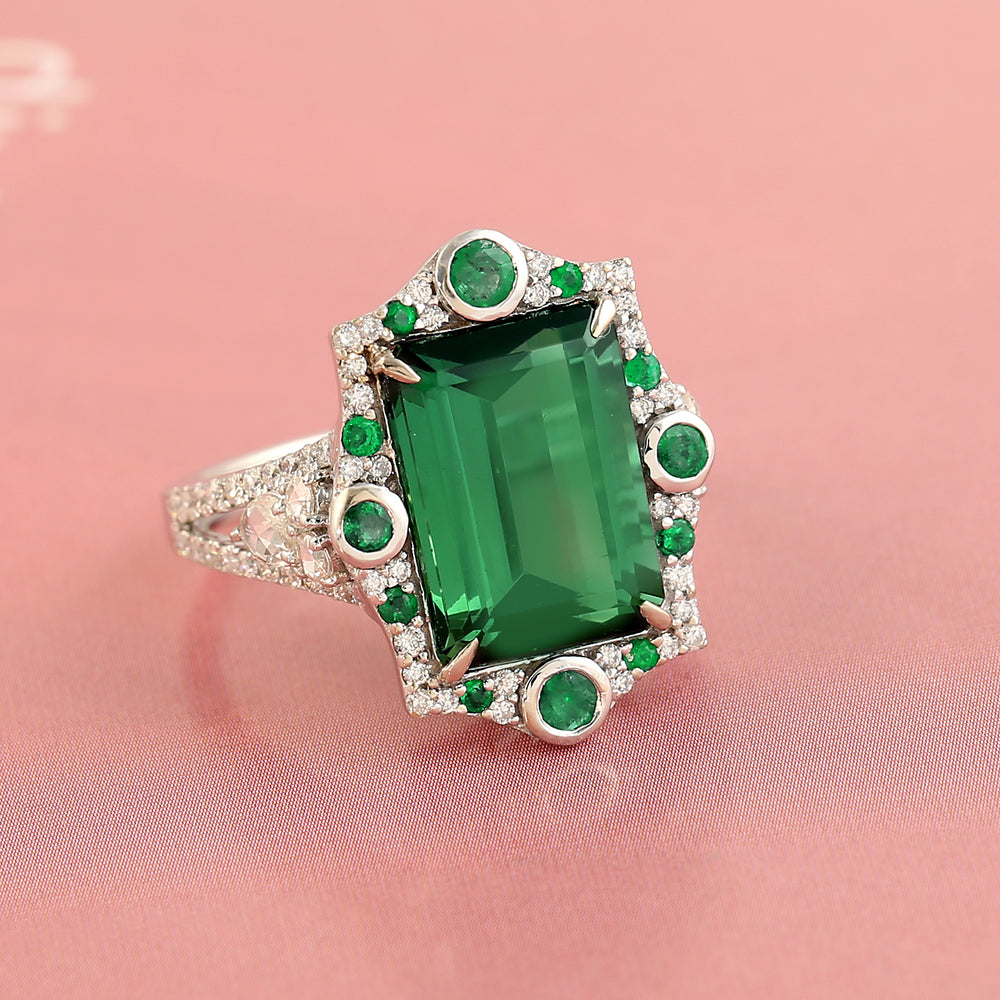 Handmade Emerald Cut Tourmaline, Emerald Pave Diamond Cocktail Ring In 18k White Gold