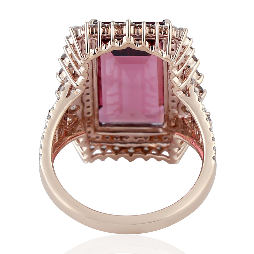 Baguette Cut Pink Tourmaline Long Ring in 18K Rose Gold with Pave Diamonds – Elegant Statement Jewelry