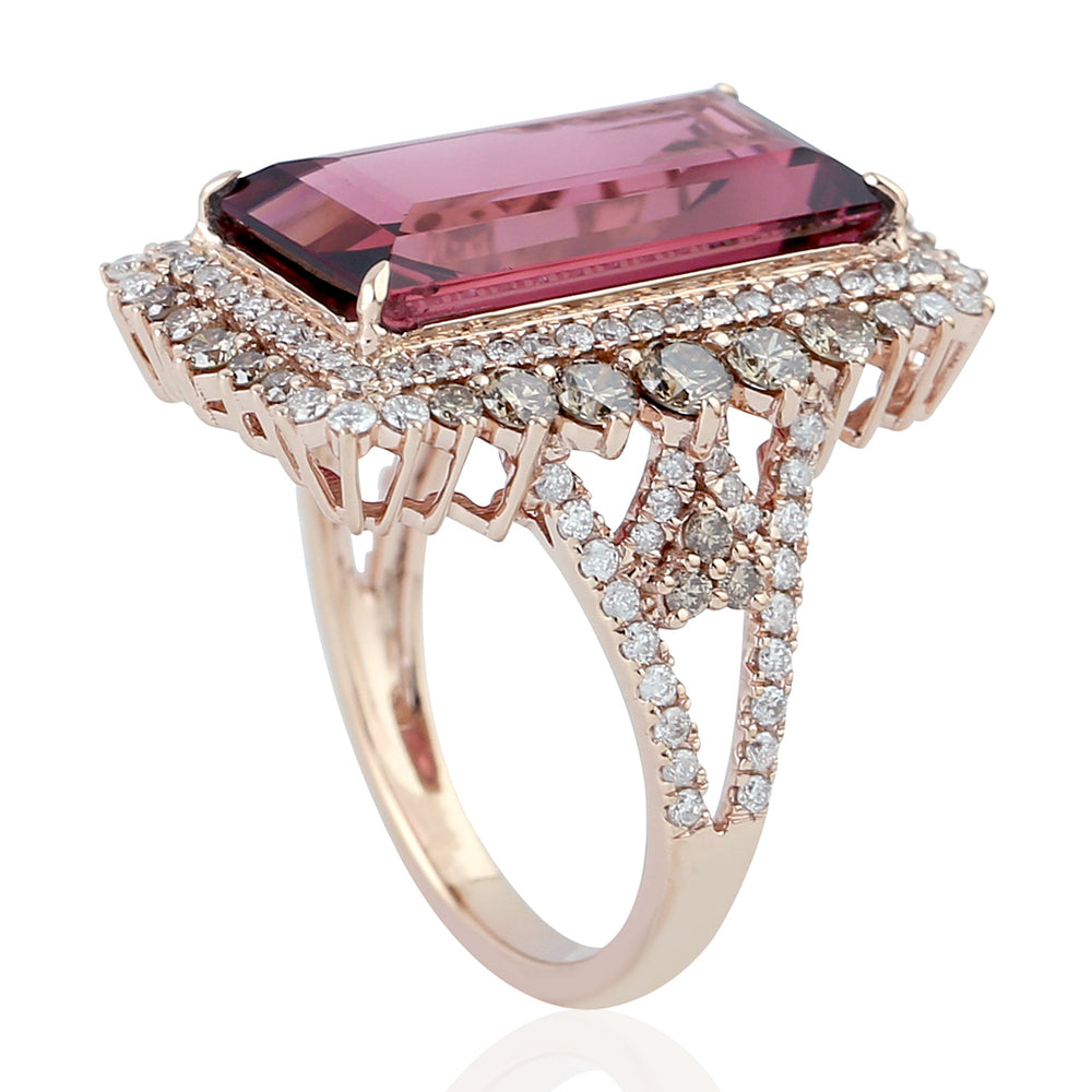 Baguette Cut Pink Tourmaline Long Ring in 18K Rose Gold with Pave Diamonds – Elegant Statement Jewelry