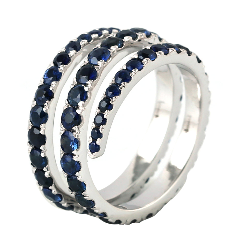 Blue Sapphire Gemstone Micro Pave Spiral Ring 18K White Gold Jewelry For Black Friday Gifts