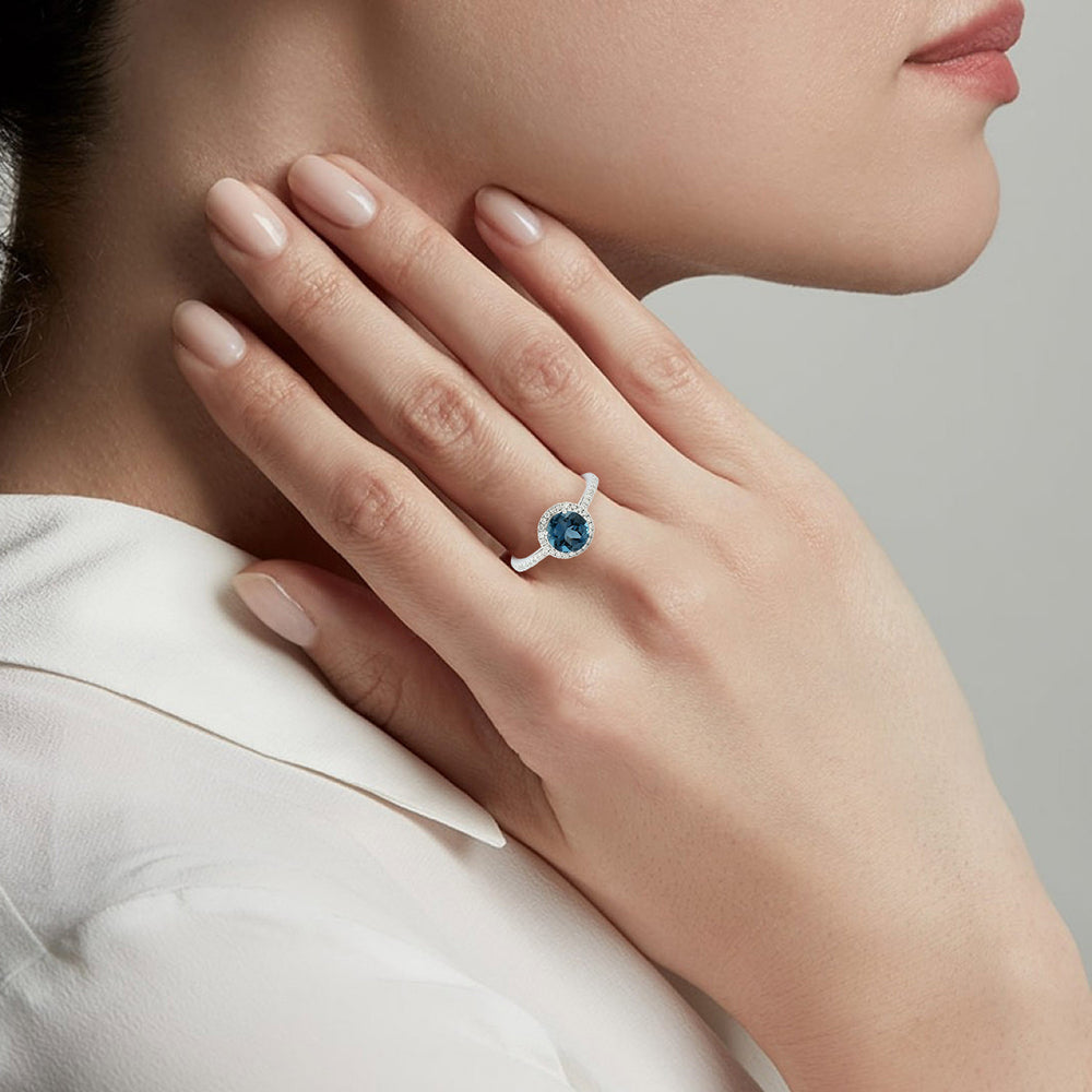 London Topaz Gemstone Pave Diamond Solitaire Ring In 18K White Gold