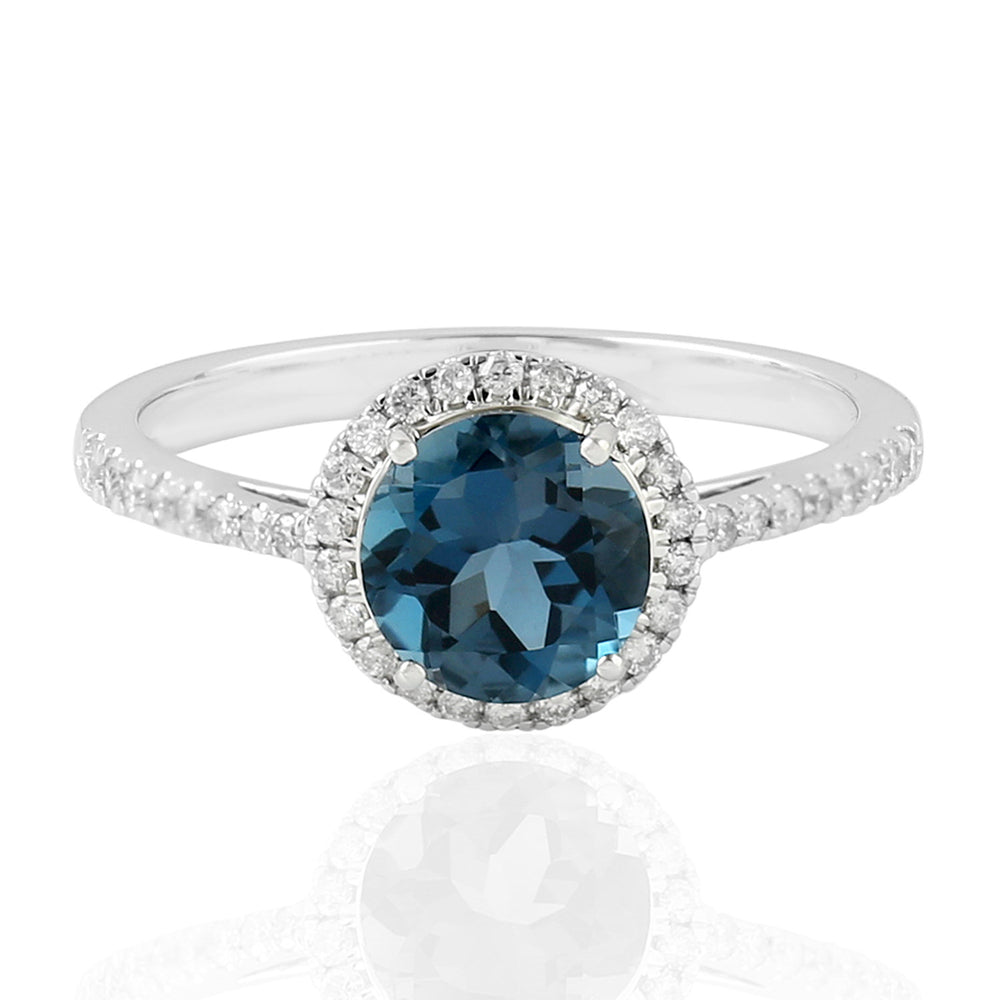 London Topaz Gemstone Pave Diamond Solitaire Ring In 18K White Gold
