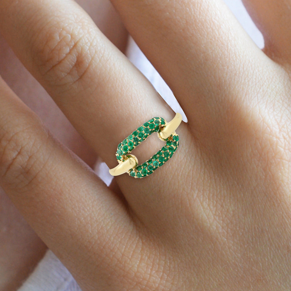 Pave Emerald Gemstone Designer Ring In 18K Yellow Gold For Her