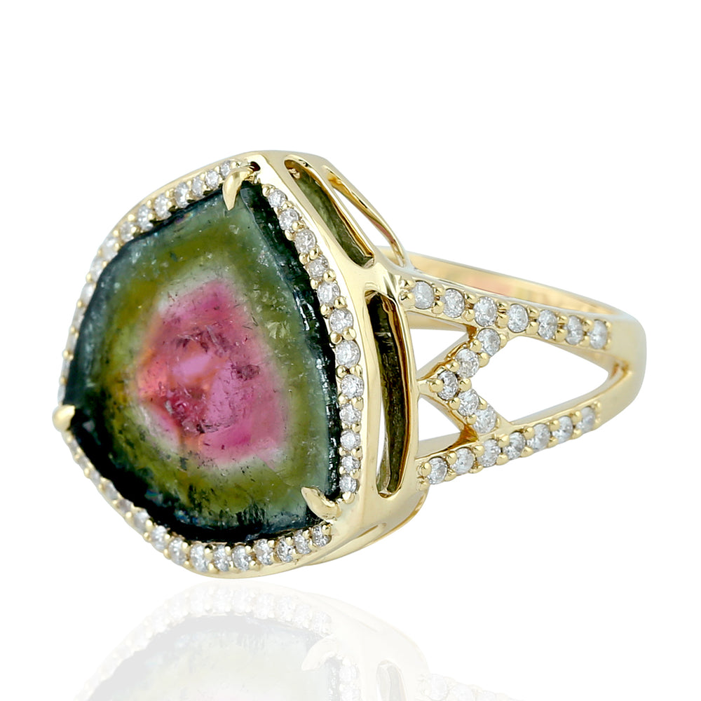 Prong Set Tourmaline Melon Pave Diamond Cocktail Ring In 18k Yellow Gold