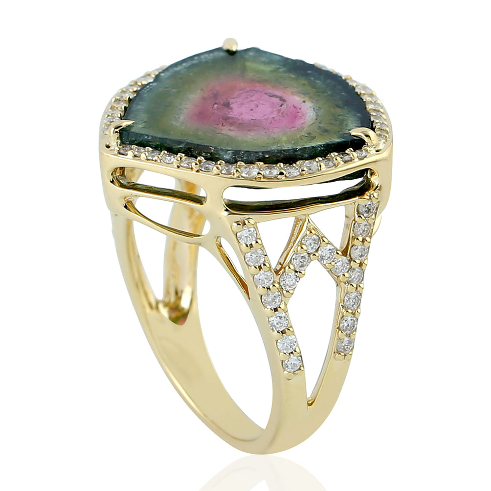 Prong Set Tourmaline Melon Pave Diamond Cocktail Ring In 18k Yellow Gold