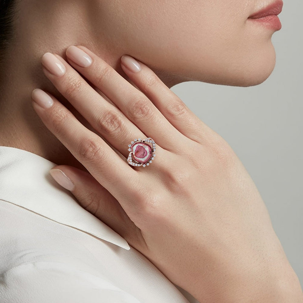 Melon Tourmaline Pave Diamond Cocktail Ring In Rose Gold