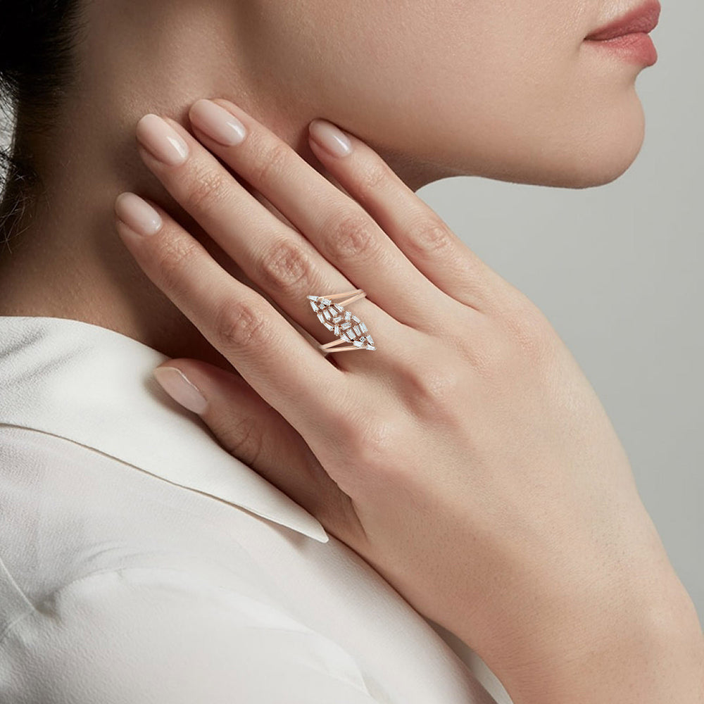 18K Rose Gold Prong Baguette Cut Diamond Marquise Long Ring