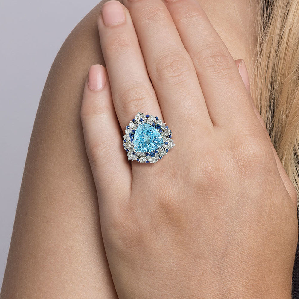 18k White Gold Trillion Blue Topaz Blue Sapphire Rose Cut Diamond Cocktail Ring