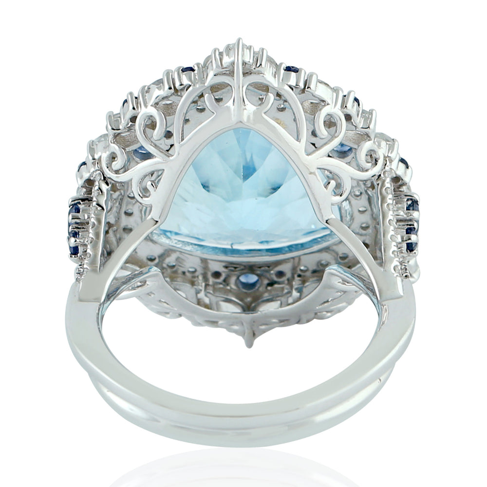 18k White Gold Trillion Blue Topaz Blue Sapphire Rose Cut Diamond Cocktail Ring