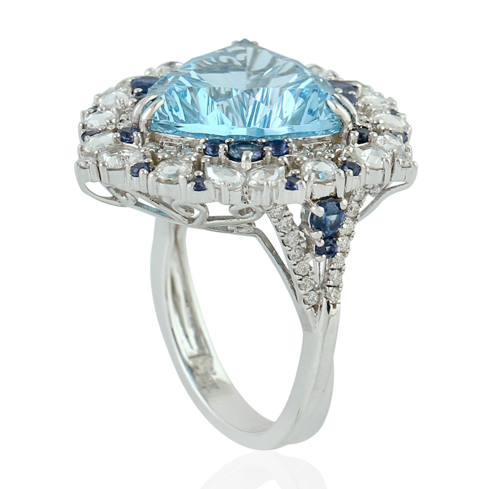 18k White Gold Trillion Blue Topaz Blue Sapphire Rose Cut Diamond Cocktail Ring