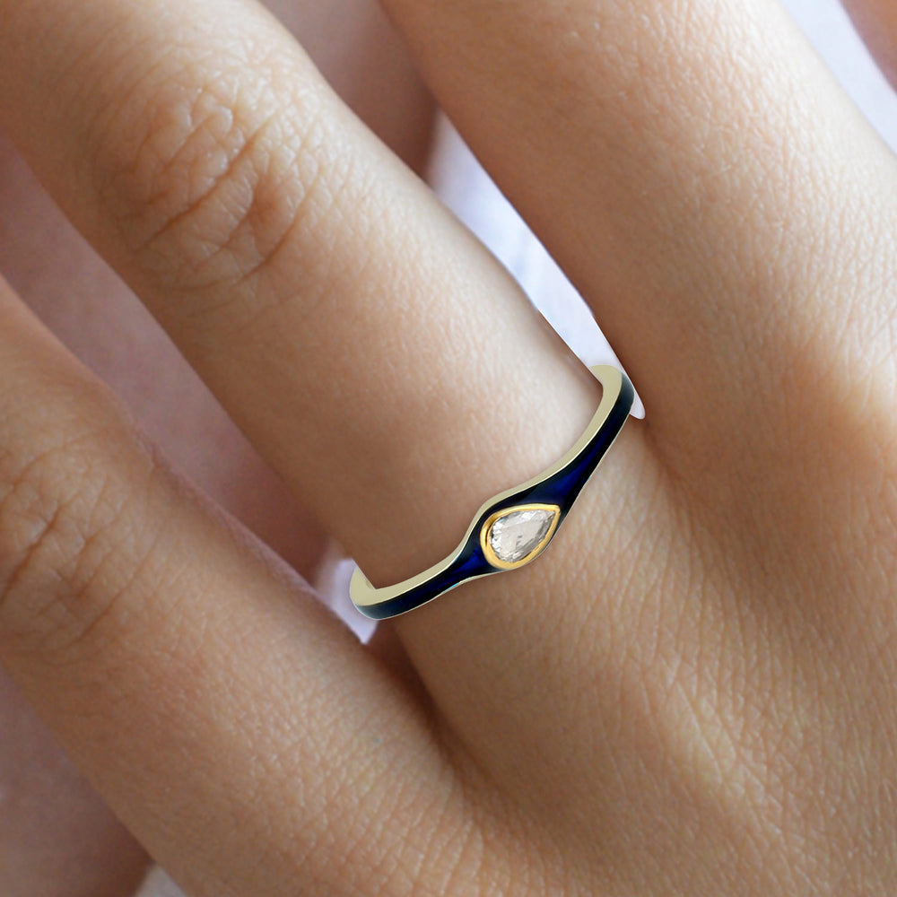 Bezel Rose Cut Diamond Enamel Band Ring In 14K Yellow Gold