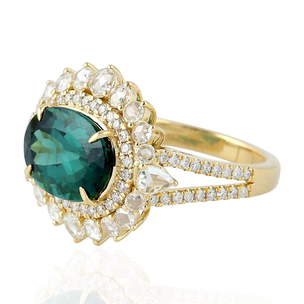 Oval Cut Green Tourmaline Rose Cut Diamond In 18k Yellow Gold Beautiful Ring