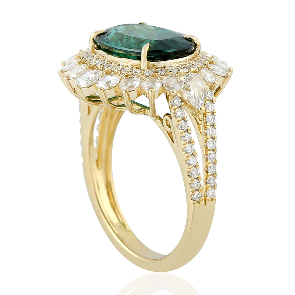 Oval Cut Green Tourmaline Rose Cut Diamond In 18k Yellow Gold Beautiful Ring