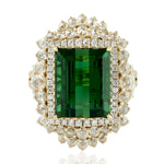 Emerald Cut Tourmaline Diamond 18k Yellow Gold Wedding Ring Cocktail Jewelry For Her