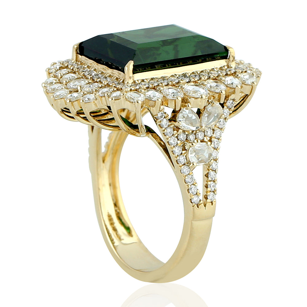 Emerald Cut Green Tourmaline Rose Cut Diamond In 18k Yellow Gold Cocktail Ring