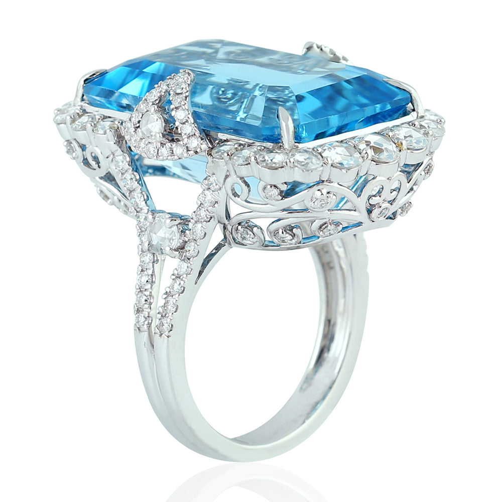 Blue Topaz Gemstone & Rose Cut Diamond Handmade Long Ring in 18K White Gold