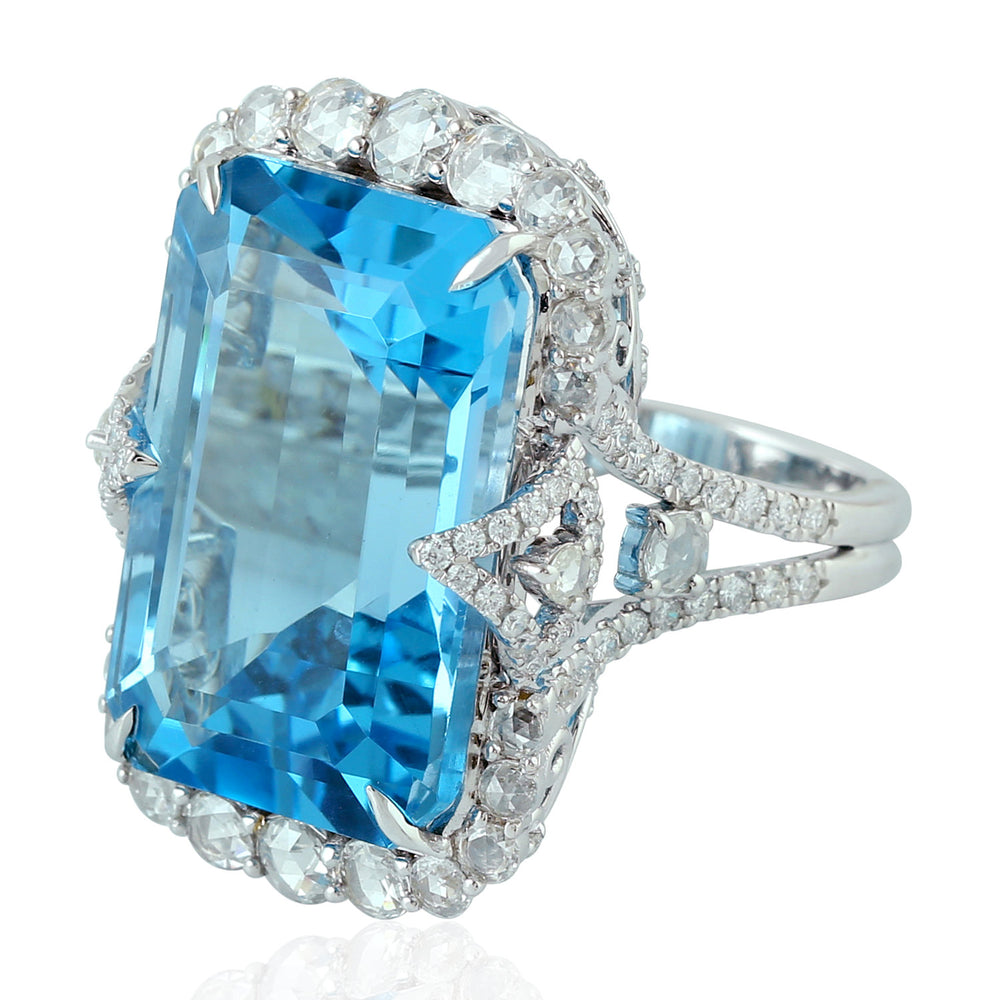 Blue Topaz Gemstone & Rose Cut Diamond Handmade Long Ring in 18K White Gold