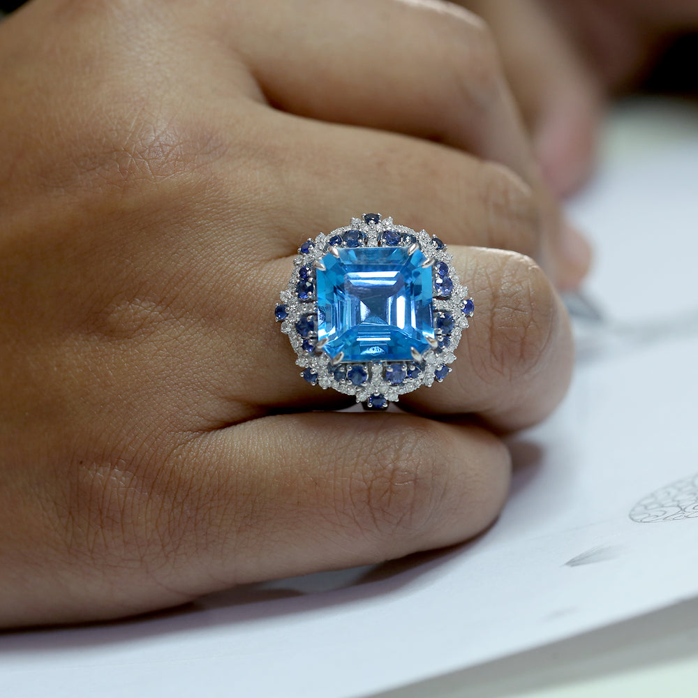 Blue Topaz Blue Sapphire Gemstone Pave Diamond In 18k White Gold Cocktail Ring