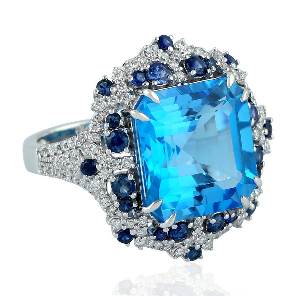 Blue Topaz Blue Sapphire Gemstone Pave Diamond In 18k White Gold Cocktail Ring
