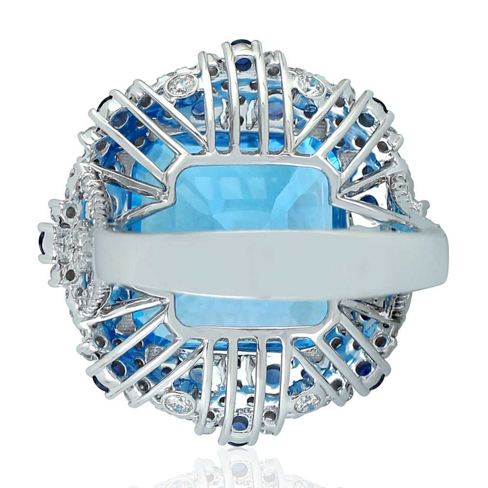 Blue Topaz Blue Sapphire Gemstone Pave Diamond In 18k White Gold Cocktail Ring