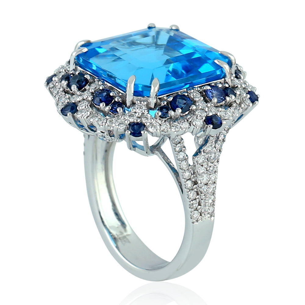 Blue Topaz Blue Sapphire Gemstone Pave Diamond In 18k White Gold Cocktail Ring