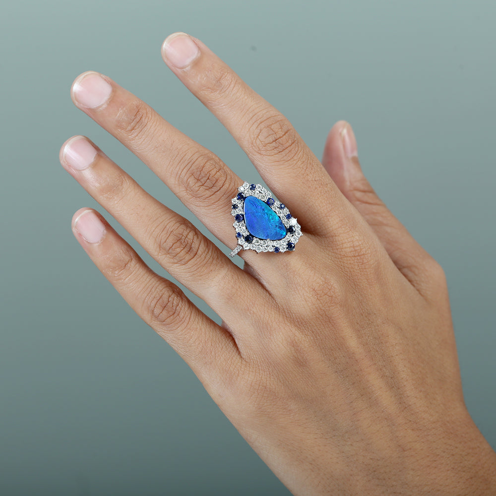 Opal Doublet & Blue Sapphire Pave Diamond Triangle Ring in 18K White Gold