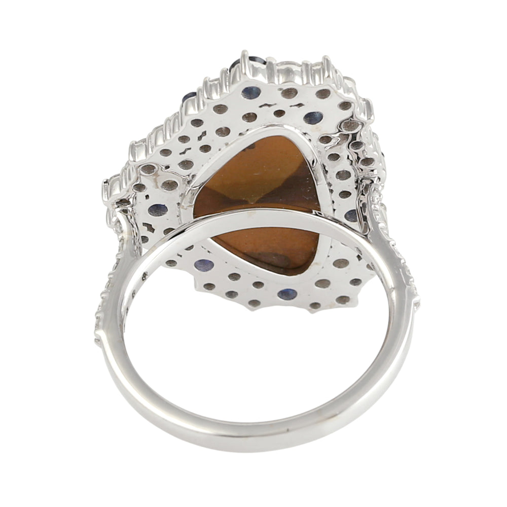 Opal Doublet & Blue Sapphire Pave Diamond Triangle Ring in 18K White Gold