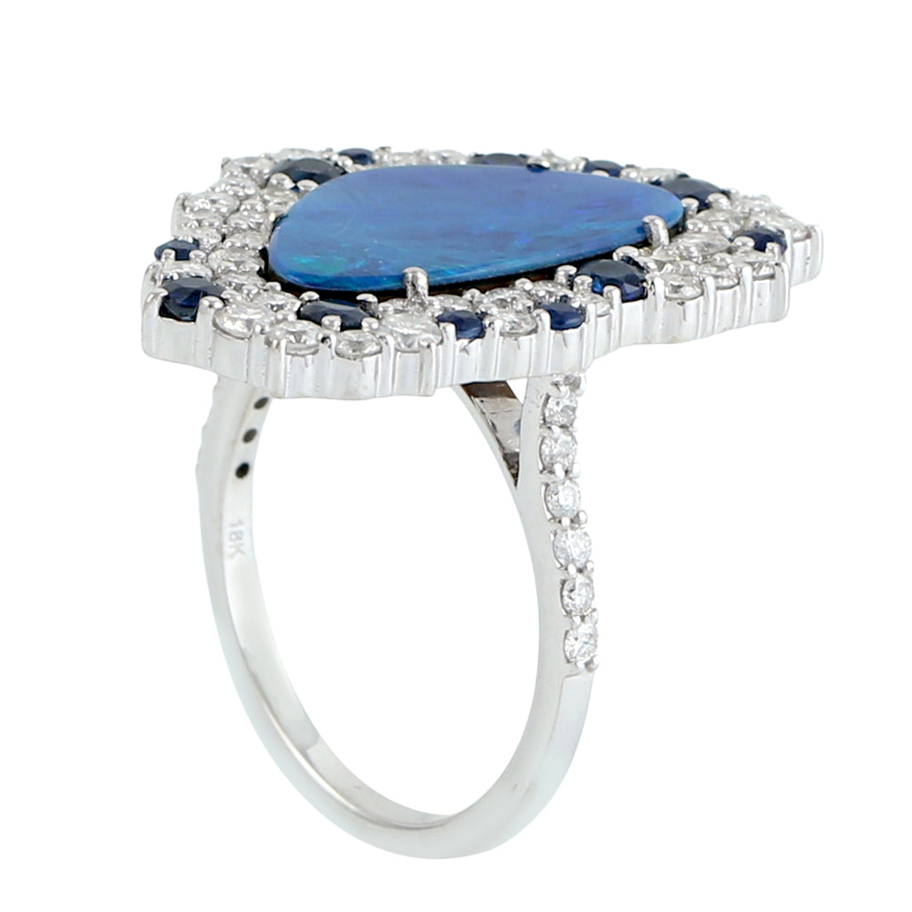 Opal Doublet & Blue Sapphire Pave Diamond Triangle Ring in 18K White Gold