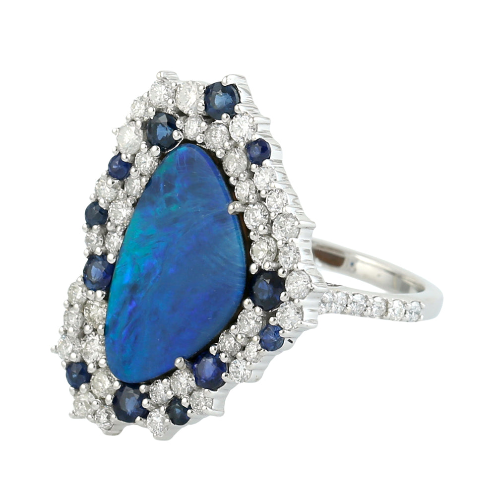 Opal Doublet & Blue Sapphire Pave Diamond Triangle Ring in 18K White Gold