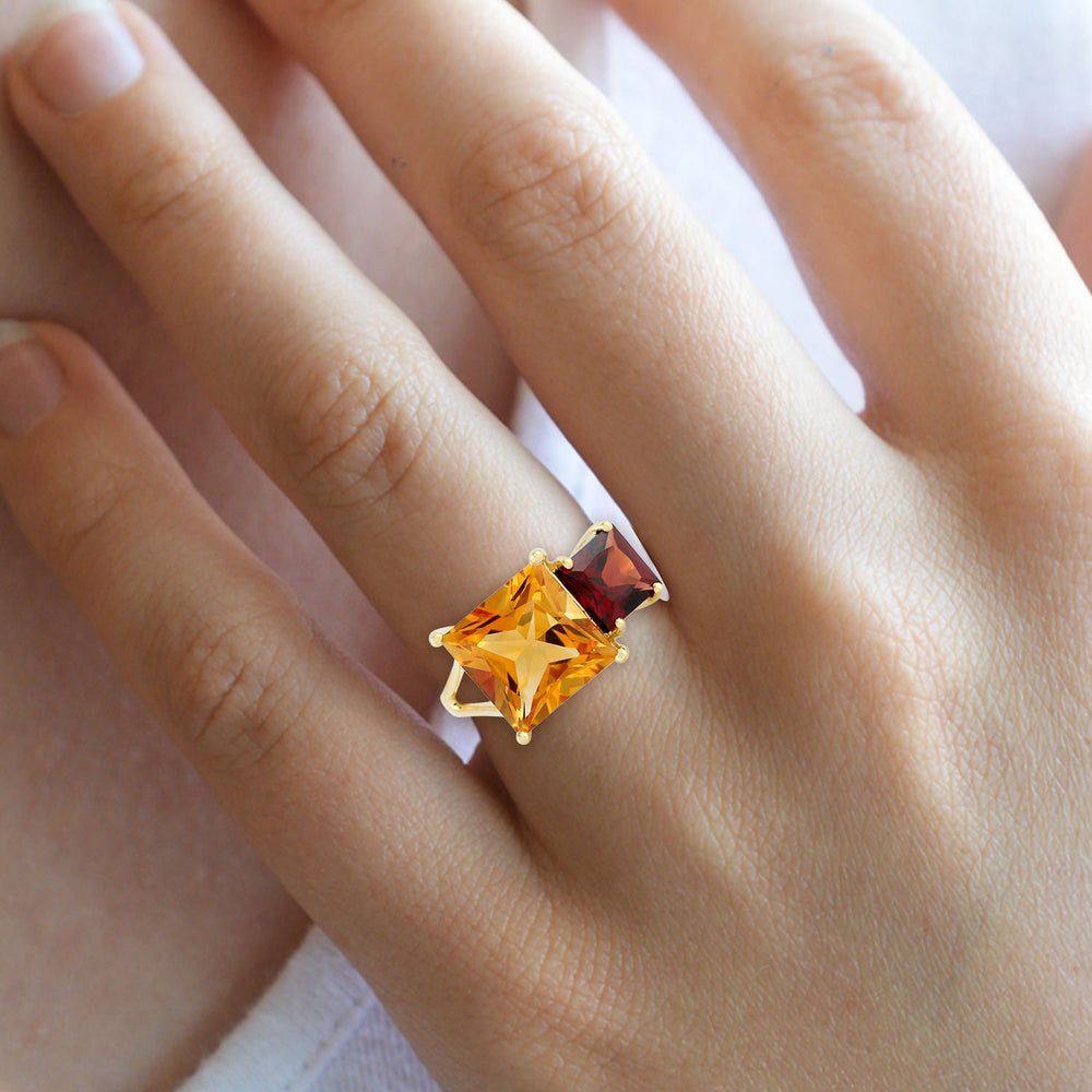 Square Cut Citrine Garnet Gemstone Two Stone Ring In 14K Yellow Gold
